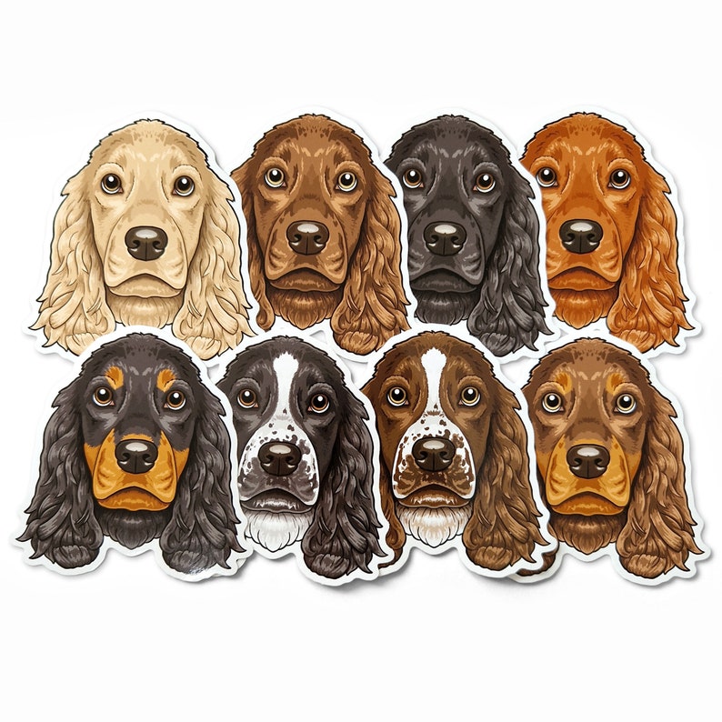 Puede incluir: Ocho pegatinas ilustradas de perros que representan diferentes razas de spaniels con pelaje marr&oacute;n, negro y blanco.