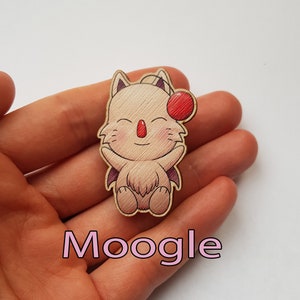 Chocobo Moogle wooden pin badge Eco friendly fantasy video game art Moogle pin