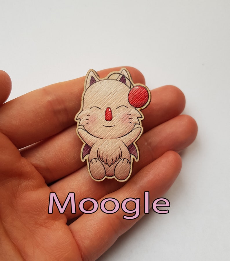 Chocobo Moogle wooden pin badge Eco friendly fantasy video game art Moogle pin