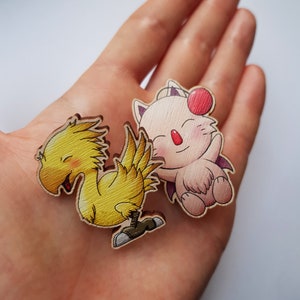 Chocobo Moogle wooden pin badge Eco friendly fantasy video game art Chocobo + Moogle pin