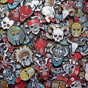 View the full range of embroidery patches available including egyption pharaohs, spartan warriors, pirate skull and bones, horned demons, apache skulls, vikings, samurai, RAMs, dragons and more!
