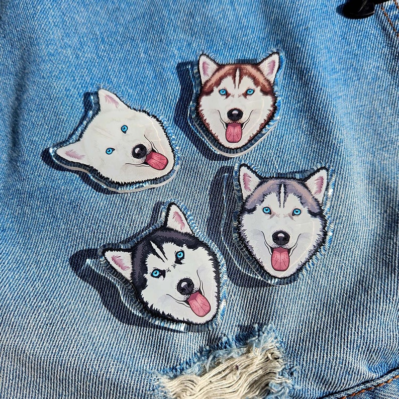 husky acrylic pin badges black white grey and brown snow dogs