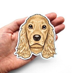 Puede incluir: Una pegatina con una ilustraci&oacute;n de dibujos animados de la cabeza de un perro cocker spaniel dorado. El perro tiene ojos marrones y una nariz marr&oacute;n claro.