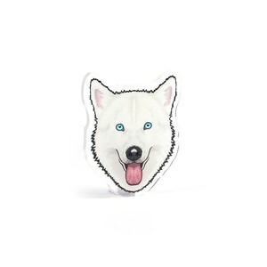 May include: A white husky dog with blue eyes and a pink tongue sticking out. The dog is looking directly at the camera with a happy expression.