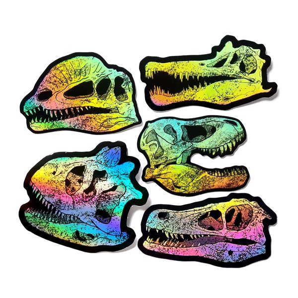 Pegatinas de cráneos de dinosaurios carnívoros, huesos fósiles jurásicos, vinilo holográfico