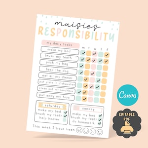 Young Child Responsibility Chart, Chore Chart for toddlers and younger children, Edit in Canva or Adobe and also printable version