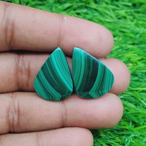 Malachite Gemstone - Pear Shape Cabochon Matching Pair, Stone For Earring Jewelry Making ( Free Drilling Available ) Size 23X17X4 mm