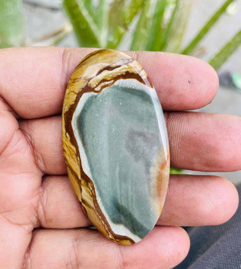 May include: An oval-shaped polished gemstone with a mix of colors. The stone features a central area of muted green, bordered by bands of brown, tan, and white. The gemstone is held in a hand, showcasing its natural patterns and textures.