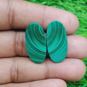 Malachite Gemstone - Oval Shape Cabochon Matching Pair, Stone For Earring Jewelry Making ( Free Drilling Available ) Size 27X13X3 mm