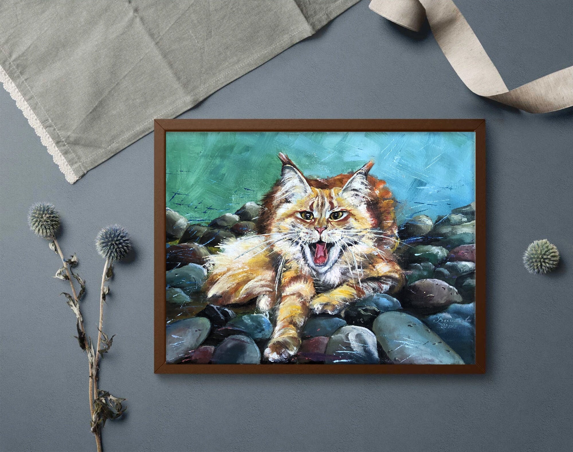 Cat painting Original canvas art Cat portrait Funny animal art Etsy