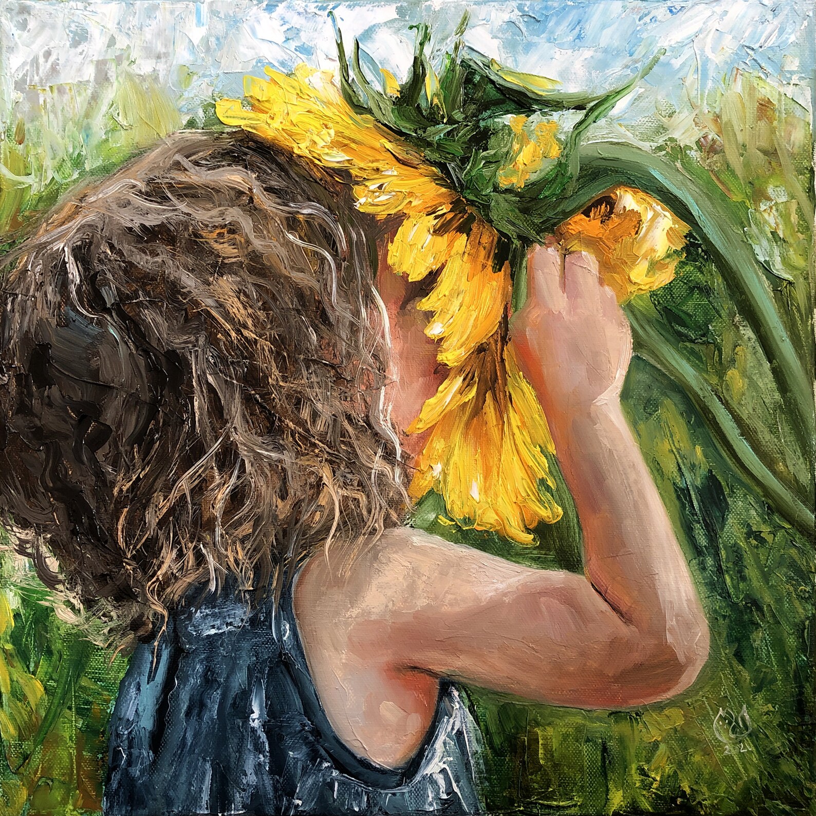 Sunflower painting original canvas art Girl with Sunflower Etsy