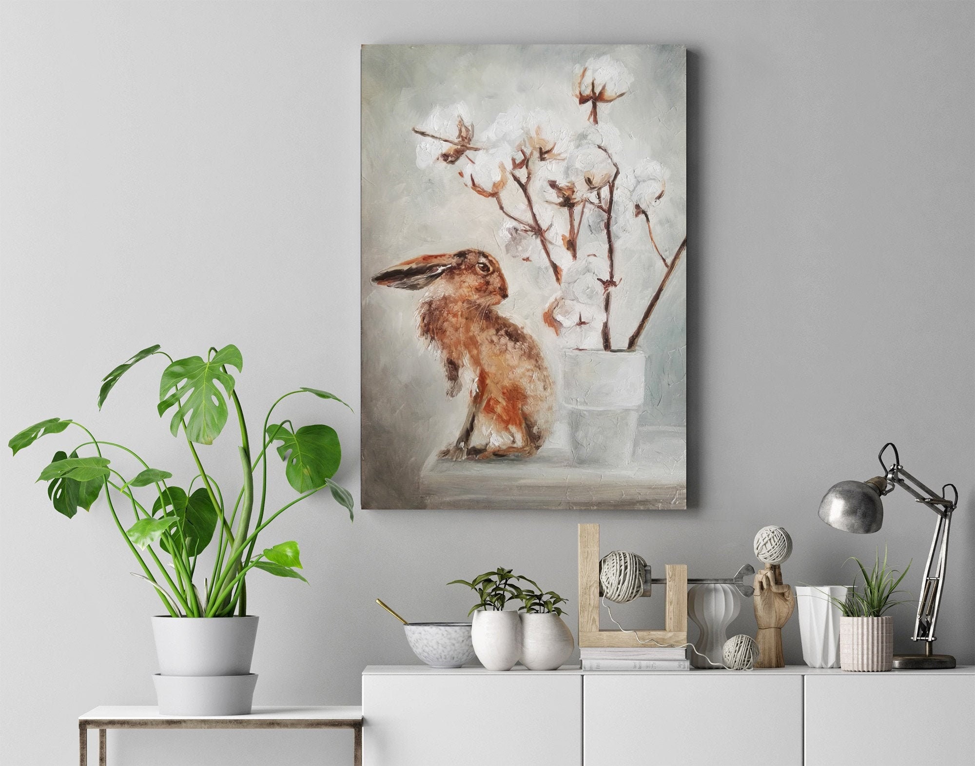 Hare and cotton bolls in the vase original oil painting | Etsy