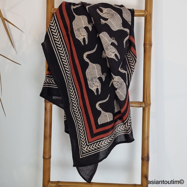 Large block print scarf Bagru 10, Stole, Pareo by Asiantoutim