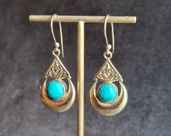 Brass Turquoise Pendant Earrings, Boho Earrings, Hippie Chic Earrings BO13