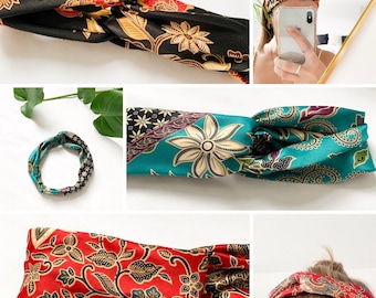 Headband, Hair band, Turban, Indonesian Silk, Colourful, Knot Twist Elastic Head Wrap, Yoga Exercise headband, Boho, Paisley, Oriental