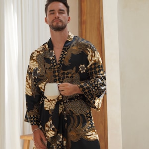 Schwarz Herren Seidenmischung Kimono Robe, Morgenmantel, Satin Kimono, Bademantel, Seide Pyjama, Hochzeitsgeschenk Robe, Party Robe, Festival Kimono