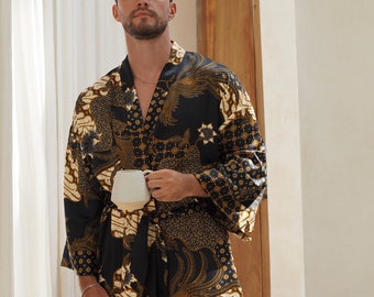 Black Men's Silk Blend Kimono Robe, Dressing Gown, Satin Kimono, Bathrobe, Silk Pyjamas, Wedding Gift Robe, Party robe, Festival Kimono