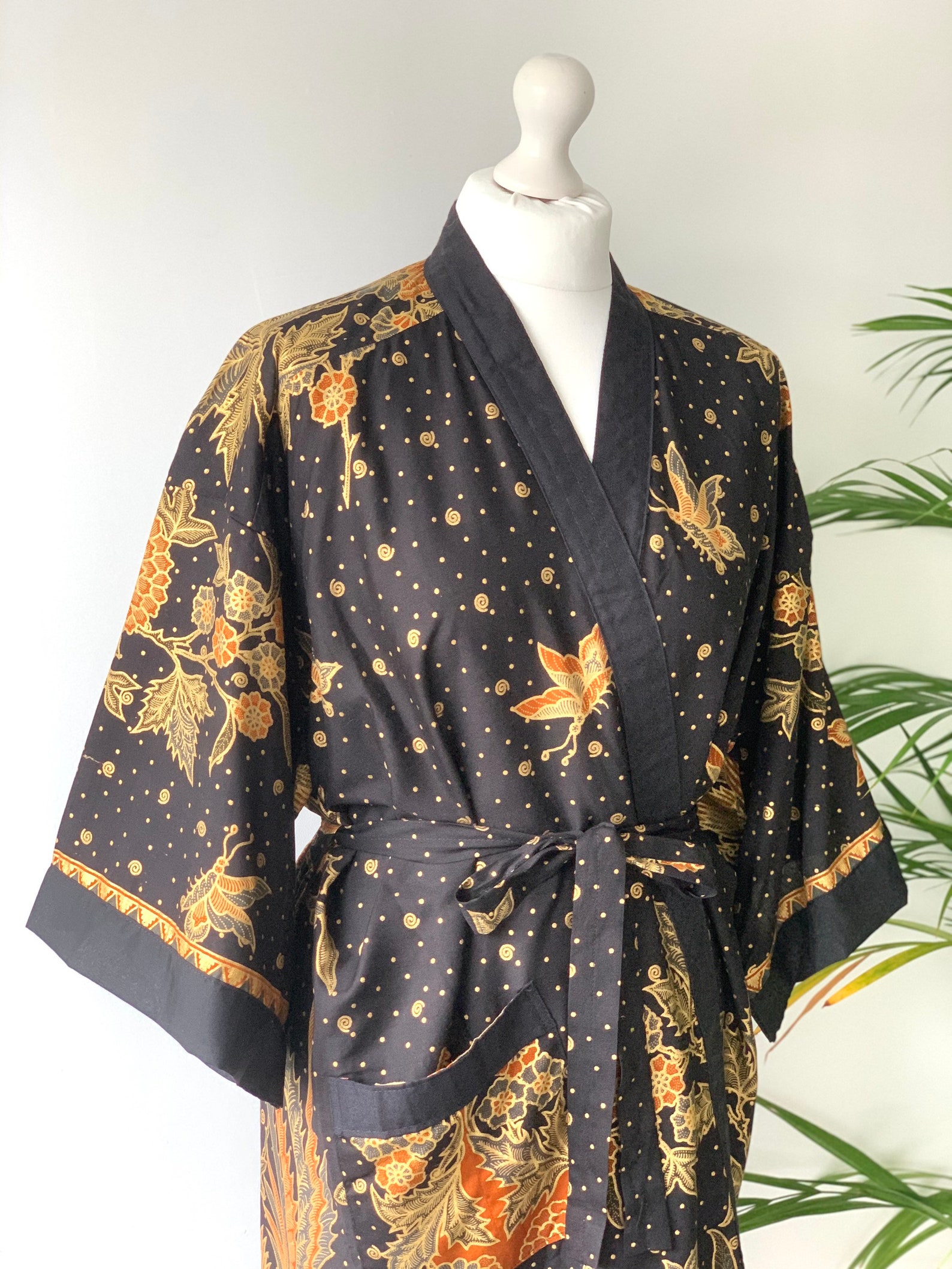Kimono Robe Black and Gold Cotton Oriental Paisley Floral Etsy Canada