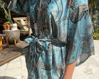 Powder Blue Silk Blend Kimono Robe, Dressing Gown, Wedding gift Robe, Bridal Robe, Bridesmaid Robe, Satin Pyjamas, Party Robe,Getting ready