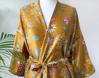 Gold Silk Blend Kimono Robe, Dressing Gown, Silk Pyjamas, Bridesmaid Robe, Party Robe, Satin Pyjamas, Boho Dressing Gown, Vintage Kimono