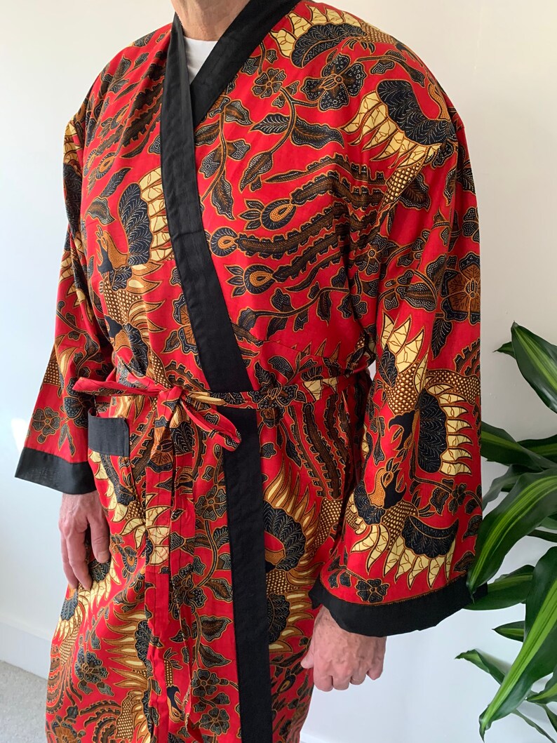 Red Cotton Batik Kimono Robe Jacket Dressing Gown Mens Etsy