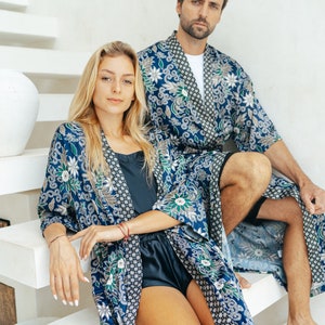 Blue Full Length Silk Blend Kimono Robe, Dressing Gown, Matching Pyjamas, His and her pyjamas, Unisex Kimono, Silk pyjamas, Satin Pyjamas