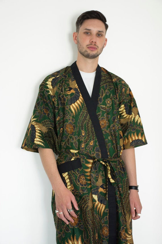Retro Chinese Style Men Print Satin Kimono Robe Gown Bathrobe Dragon Gown Dress 
