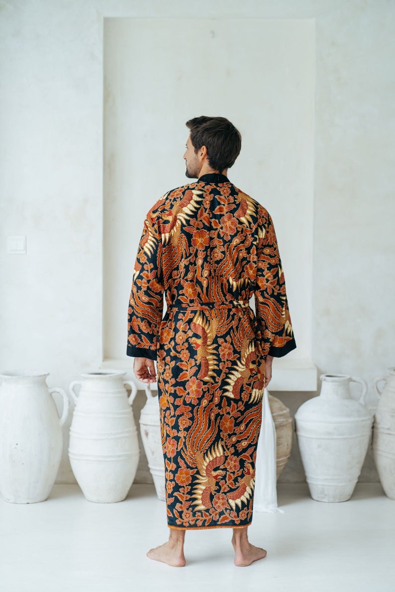 Black and Red Men's Full Length Batik Robe