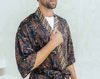 Black Men’s Silk Robe, Silk Blend Kimono Dressing Gown, Luxury sleepwear for man, Oriental, Chinese, Japanese, Hugh Hefner