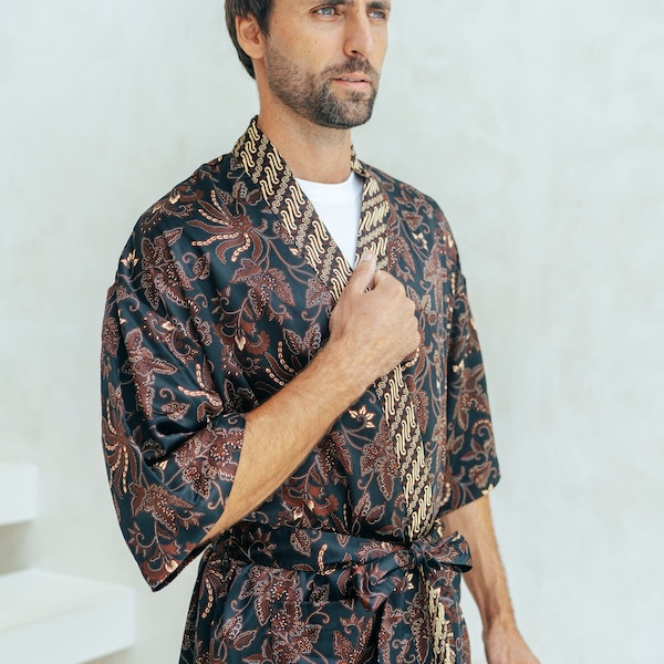 Black Men’s Silk Robe, Silk Blend Kimono Dressing Gown, Luxury sleepwear for man, Oriental, Chinese, Japanese, Hugh Hefner