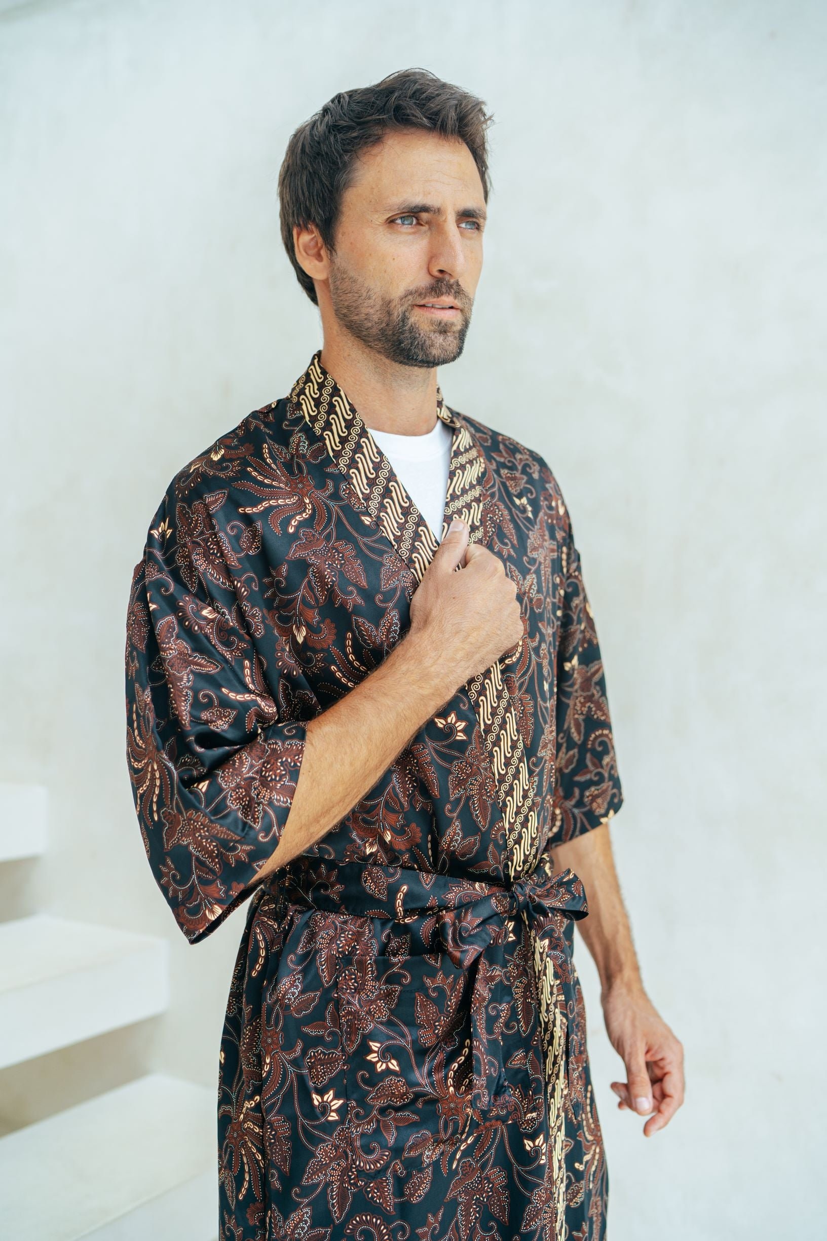 Black Mens Silk Robe Silk Blend Kimono Dressing Gown Luxury 