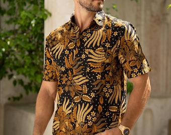 Camisa de algodón batik negra, camisa balinesa, camisa indonesia, camisa para festivales, camisa cubana, camisa de vacaciones, camisa de dragón, Yogyakarta, estilo funky