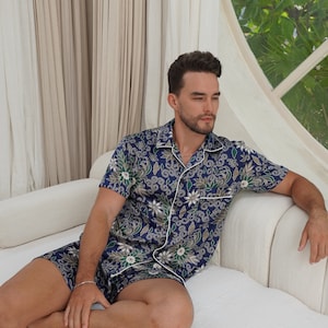 Men’s Navy Silk Blend Short Pyjamas, Paisley Pajamas, Luxury sleepwear for man, Gift for husband or boyfriend