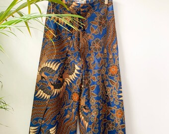 Royal Blue Wrap Around Trousers, Flares, Bali, Festival Trousers, Batik Handmade Trousers, Floral Bird Print