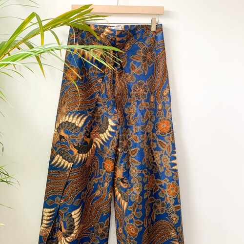 Royal Blue Wrap Around Trousers, Flares, Bali, Festival Trousers, Batik Handmade Trousers, Floral Bird Print