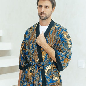 Royal Blue Cotton Batik Kimono Robe Jacket, Dressing Gown, Men’s kimono robe, oriental floral bird dragon fire