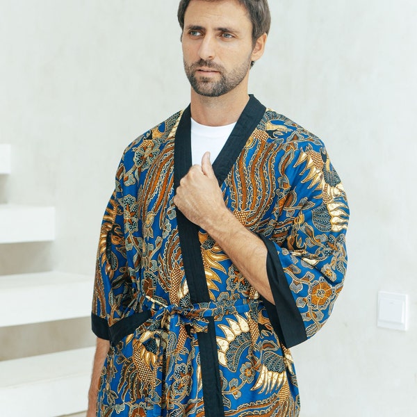 Royal Blue Cotton Batik Kimono Robe Jacket, Dressing Gown, Men’s kimono robe, oriental floral bird dragon fire