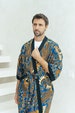 Royal Blue Cotton Batik Kimono Robe Jacket, Dressing Gown, Men’s kimono robe, oriental floral bird dragon fire 