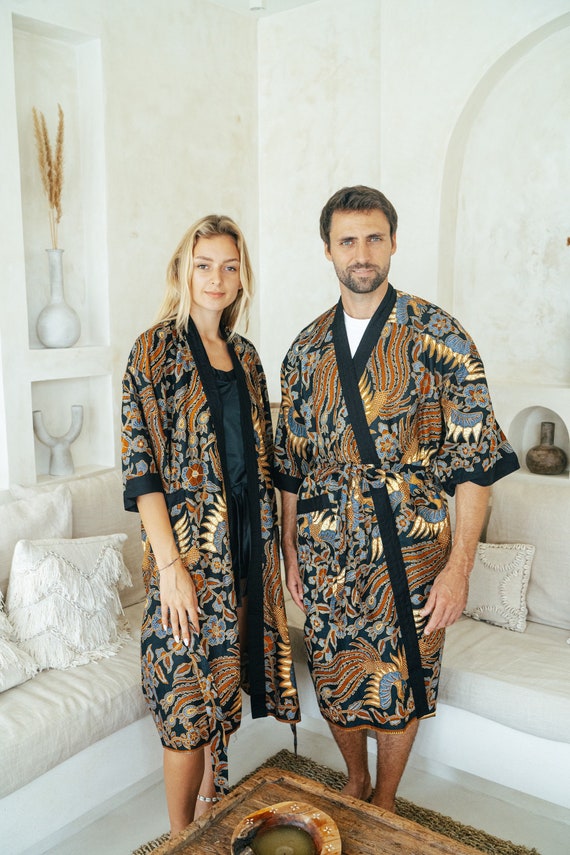 mens kimono badjas loungewear geschenken voor hem Yogini zwarte Indonesische zijde mix kimono kamerjas Kleding Herenkleding Pyjamas & Badjassen Jurken vintage badjas Japanse kimono badjas 