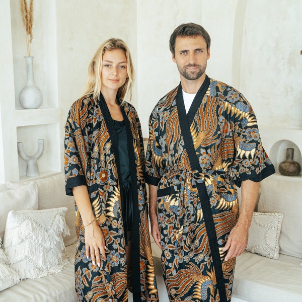Navy Kimono Robe Jacket, Batik Cotton Dressing Gown, Mens kimono robe, Gift for man, Cotton Pyjamas, Mens Robe