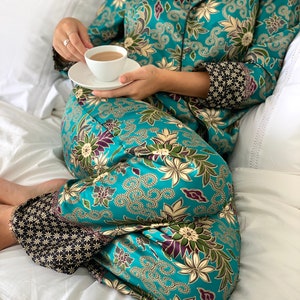 Turquoise Silk Blend Pyjama Set, Silk Nightwear, unique gift for her, bride gift, silk sleepwear for women, Wear the World image 1