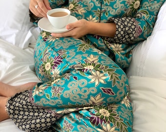 Turquoise Silk Blend Pyjama Set, Zijde Nachtkleding, uniek cadeau voor haar, bruidscadeau, zijden nachtkleding voor vrouwen, Wear the World