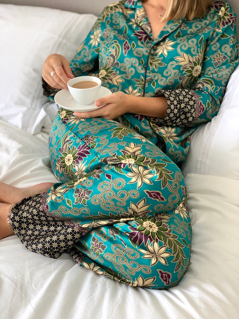 Turquoise Silk Blend Pyjama Set, Silk Nightwear, unique gift for her, bride gift, silk sleepwear for women, Wear the World image 1