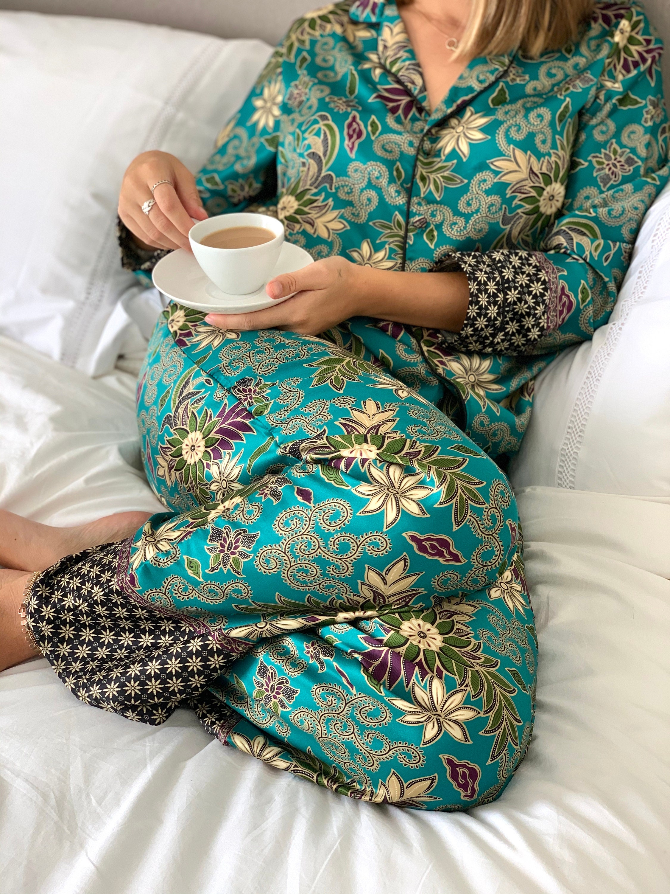 Turquoise Silk Blend Pyjama Set, Silk Nightwear, Unique Gift for