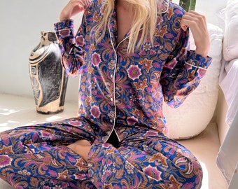 Blue Silk Blend Pyjama Set- Made in Bali with love
