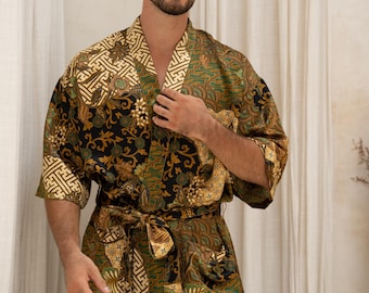 Green Men's Silky Kimono Robe, Dressing Gown, Satin Kimono, Bathrobe, Silk Pyjamas, Wedding Gift Robe, Party robe, Festival Kimono