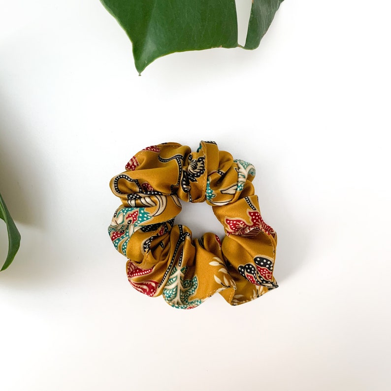 Colourful Silk Hair Scrunchies, Bali Rainbow Hair Band, Gift, Batik Handmade silky satin scrunchie, Hair accessories, Hair tie Gold