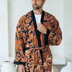 Black and Red Men's Full Length Batik Robe