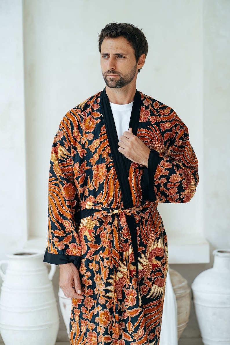 Black and Red Men's Full Length Batik Robe