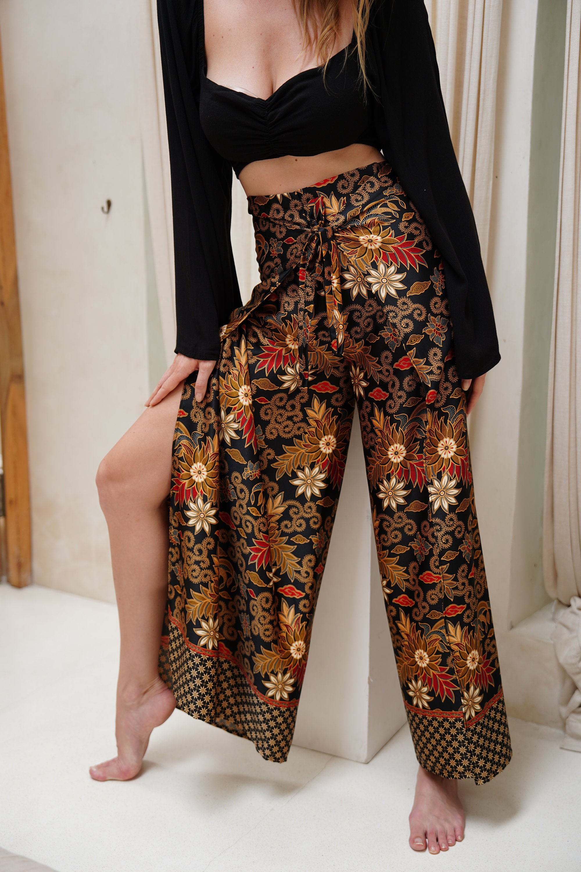 Black Satin Wrap Around Trousers, Wrap Pants, Palazzo Pants